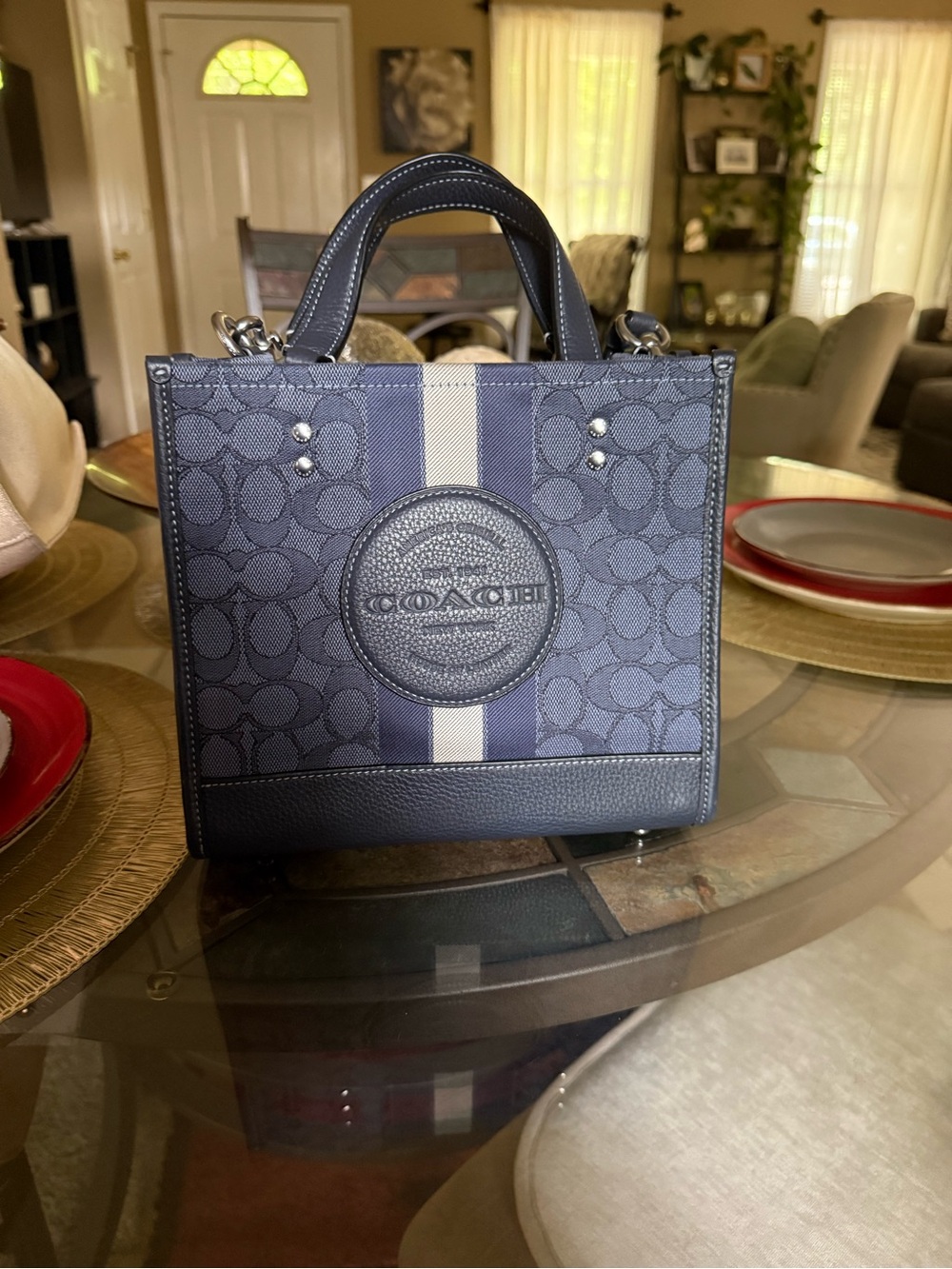 Coach Navy Blue and Cream Signature Canvas Tote - Picture 2 of 4